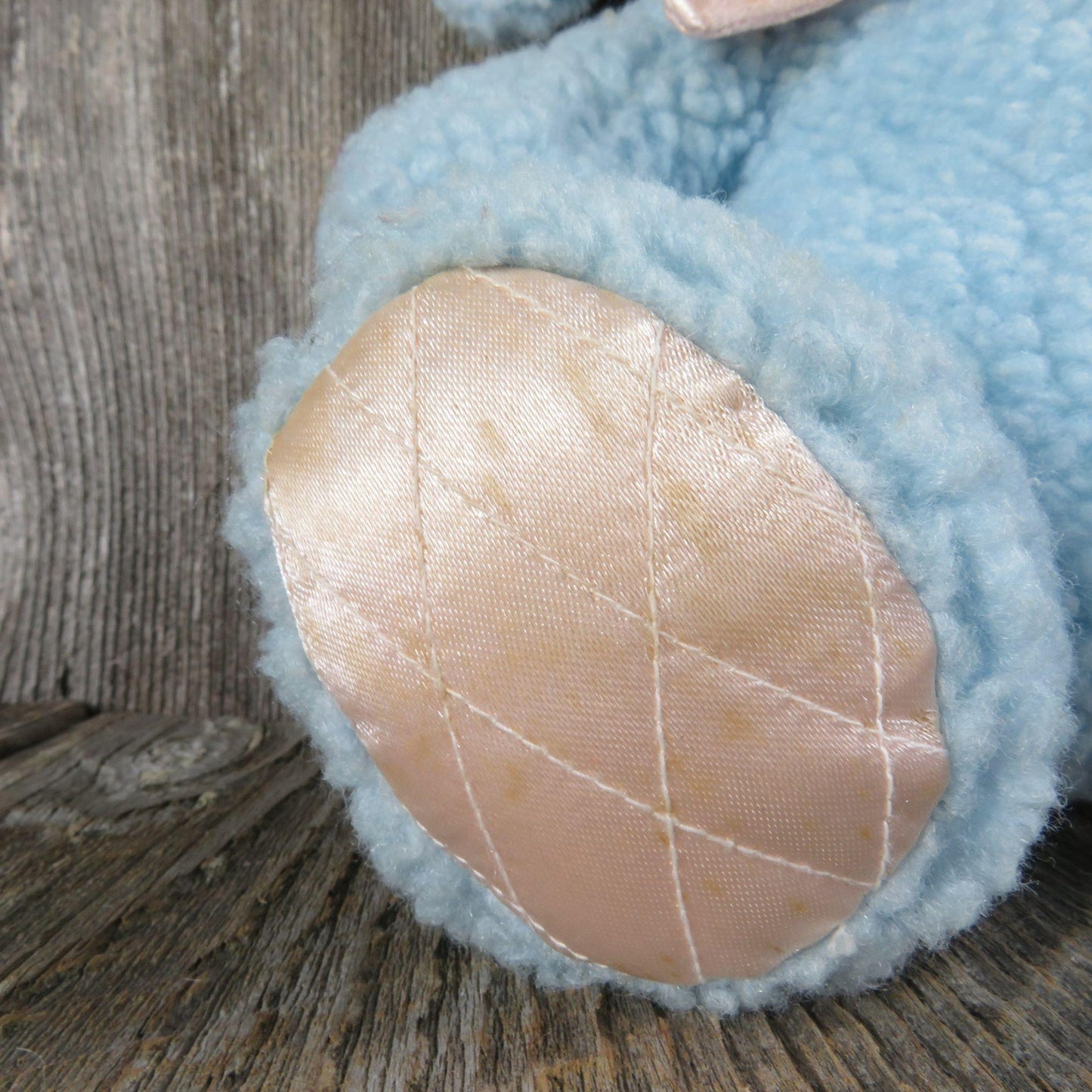 Vintage Elephant Plush Baby Blue Sherpa Pink Satin Quilted Ears Bow Stuffed Animal Glass Eyes Hugfun Hug Fun