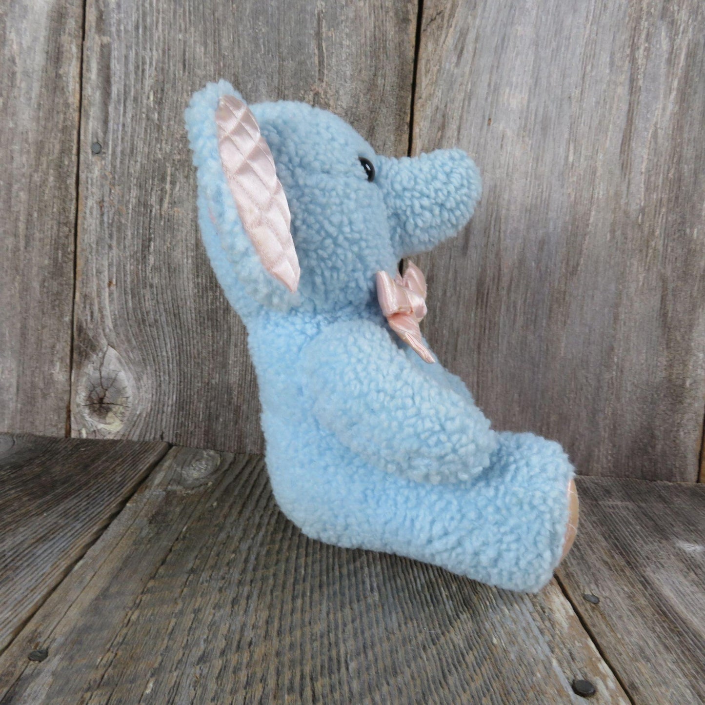 Vintage Elephant Plush Baby Blue Sherpa Pink Satin Quilted Ears Bow Stuffed Animal Glass Eyes Hugfun Hug Fun