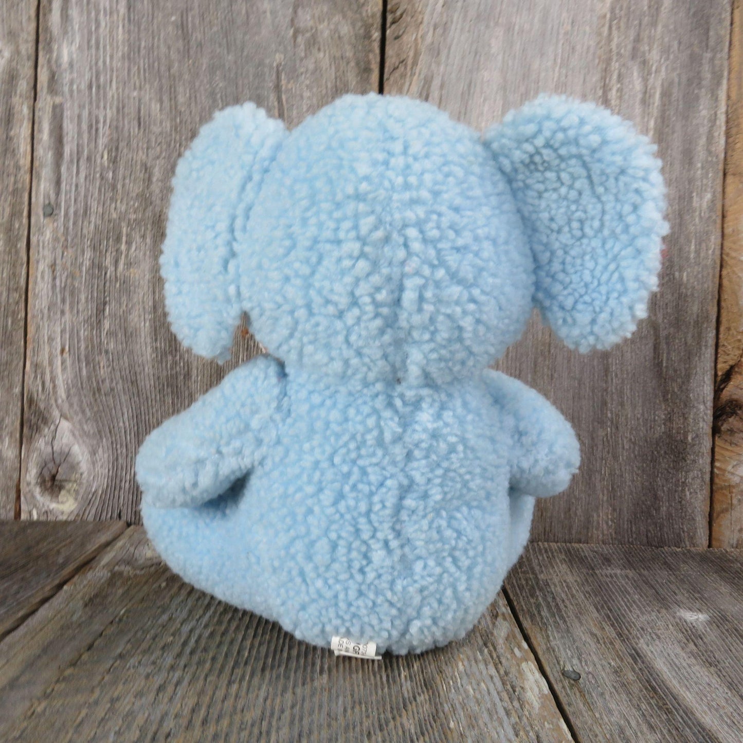 Vintage Elephant Plush Baby Blue Sherpa Pink Satin Quilted Ears Bow Stuffed Animal Glass Eyes Hugfun Hug Fun