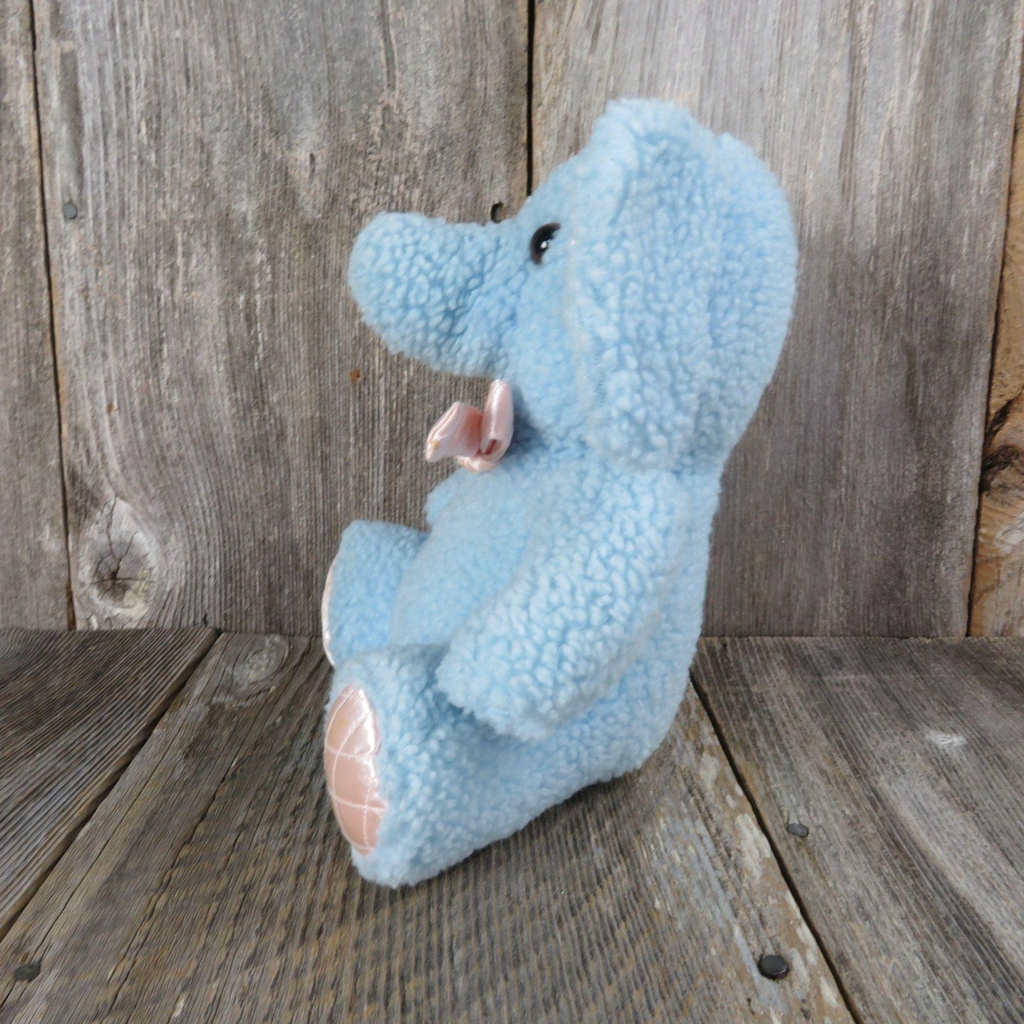 Vintage Elephant Plush Baby Blue Sherpa Pink Satin Quilted Ears Bow Stuffed Animal Glass Eyes Hugfun Hug Fun