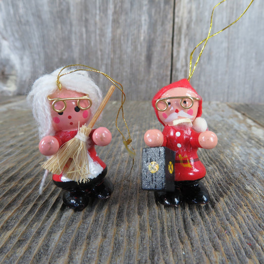 Vintage Santa and Mrs Claus Wooden Ornament Set Glasses Yarn Hair Lantern Broom Red Christmas