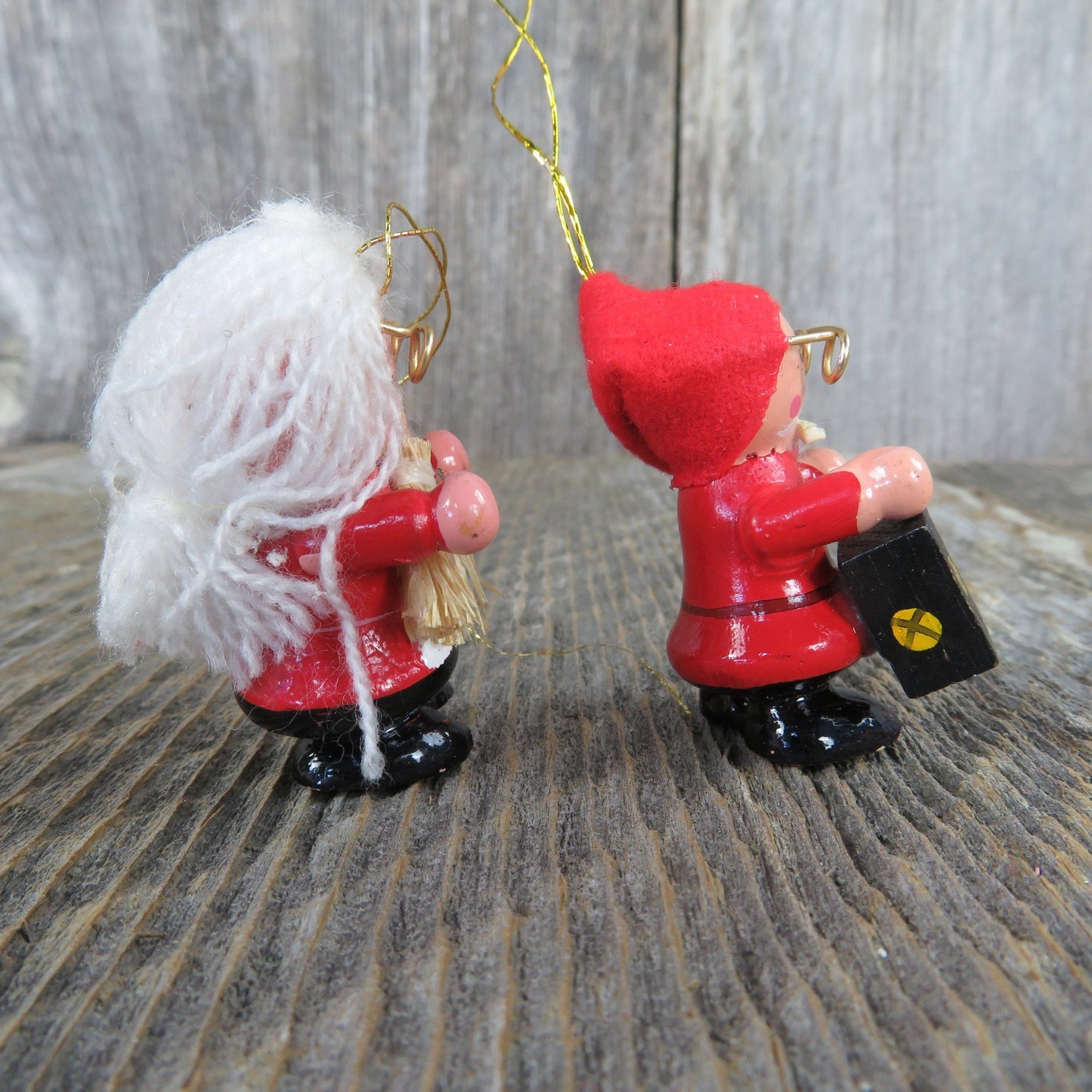 Vintage Santa and Mrs Claus Wooden Ornament Set Glasses Yarn Hair Lantern Broom Red Christmas