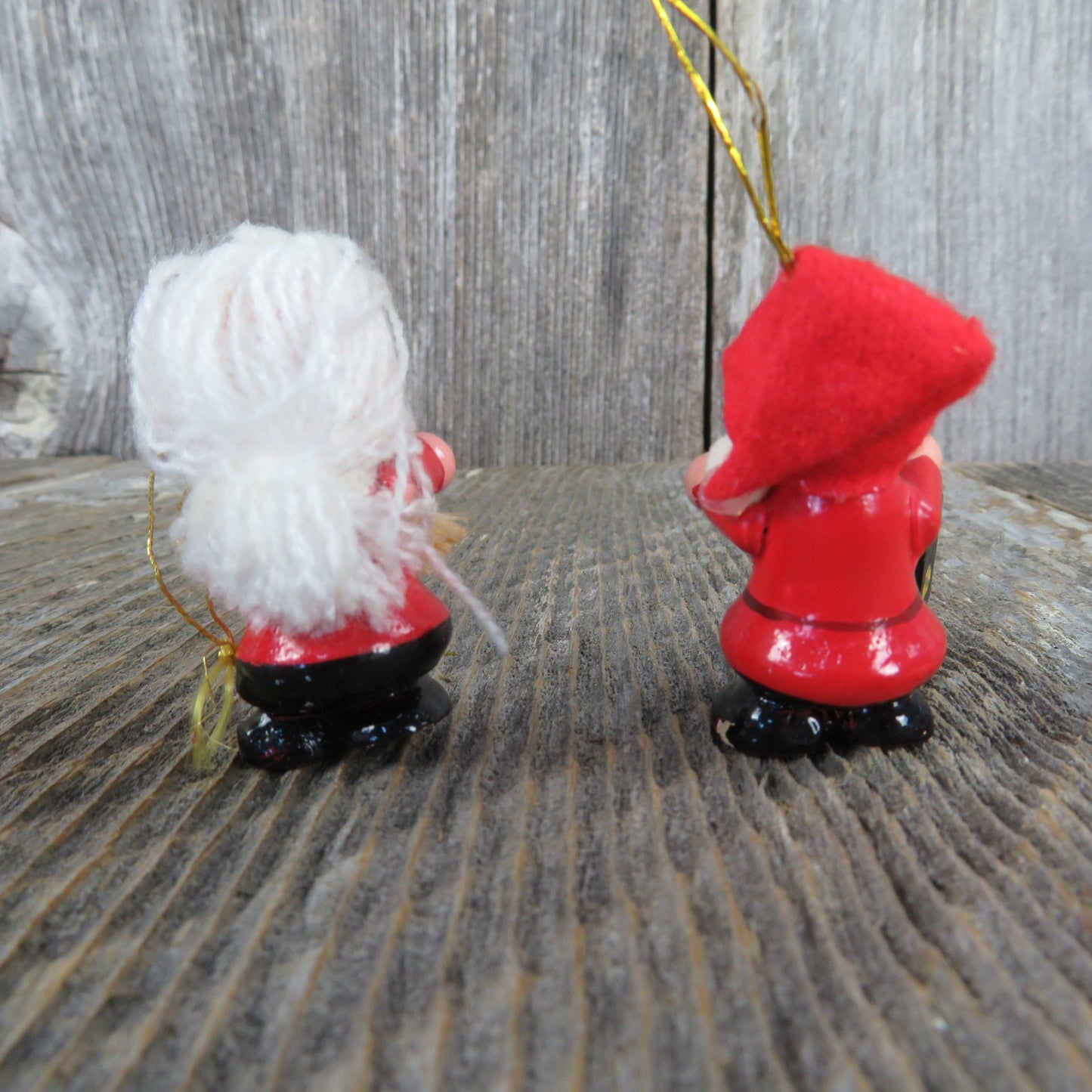 Vintage Santa and Mrs Claus Wooden Ornament Set Glasses Yarn Hair Lantern Broom Red Christmas