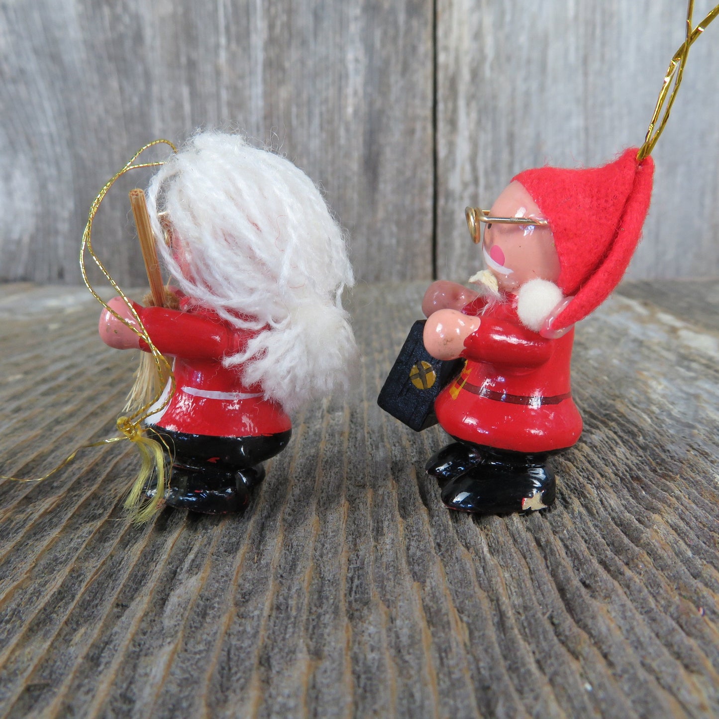 Vintage Santa and Mrs Claus Wooden Ornament Set Glasses Yarn Hair Lantern Broom Red Christmas