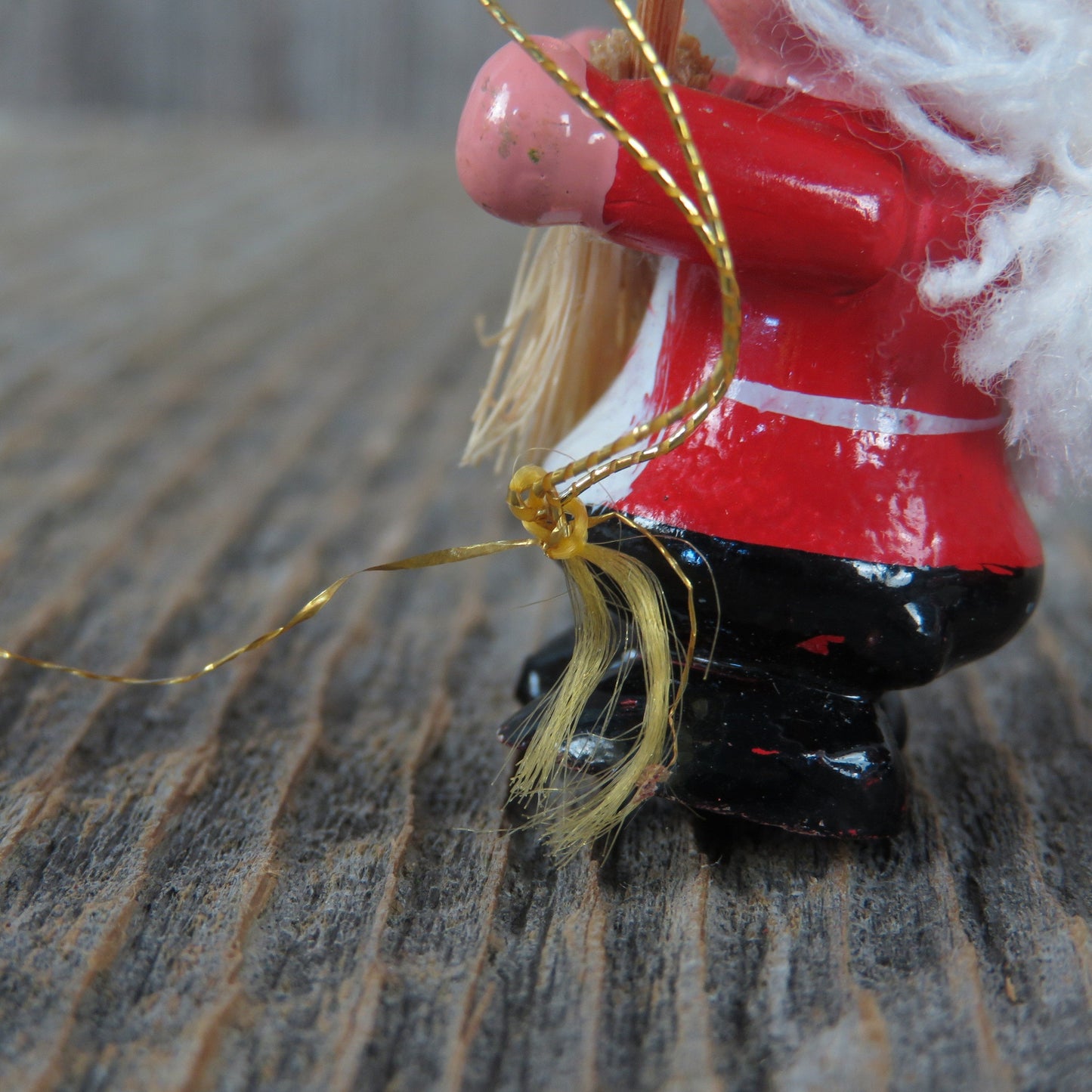 Vintage Santa and Mrs Claus Wooden Ornament Set Glasses Yarn Hair Lantern Broom Red Christmas