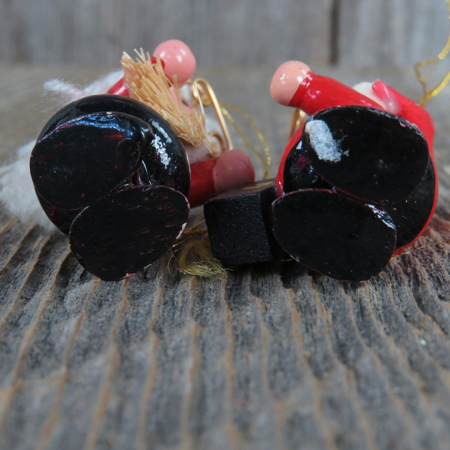 Vintage Santa and Mrs Claus Wooden Ornament Set Glasses Yarn Hair Lantern Broom Red Christmas