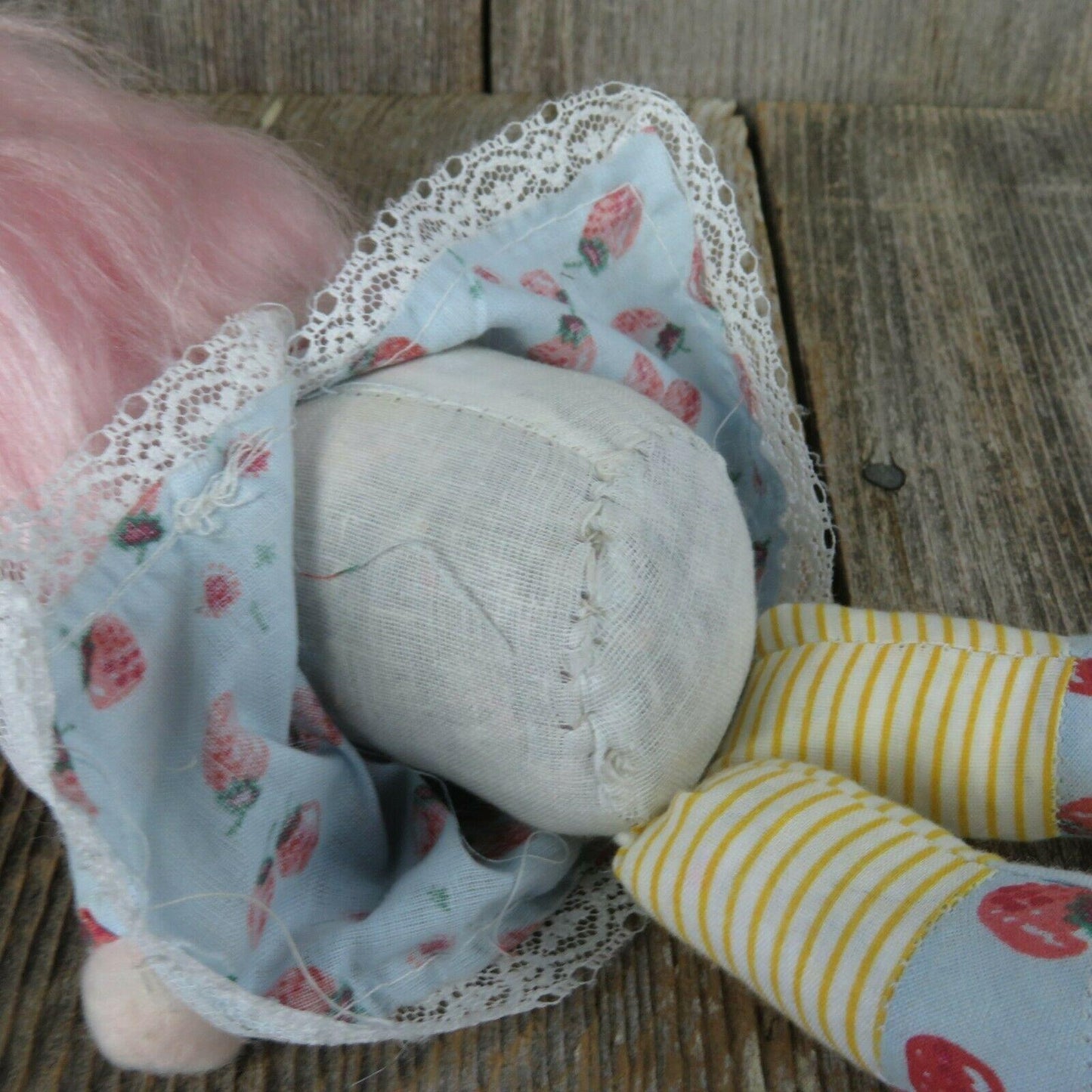 Soft Body Doll Pink Hair Strawberry Blue Dress Fabric Eyes Striped Legs Rag Toy