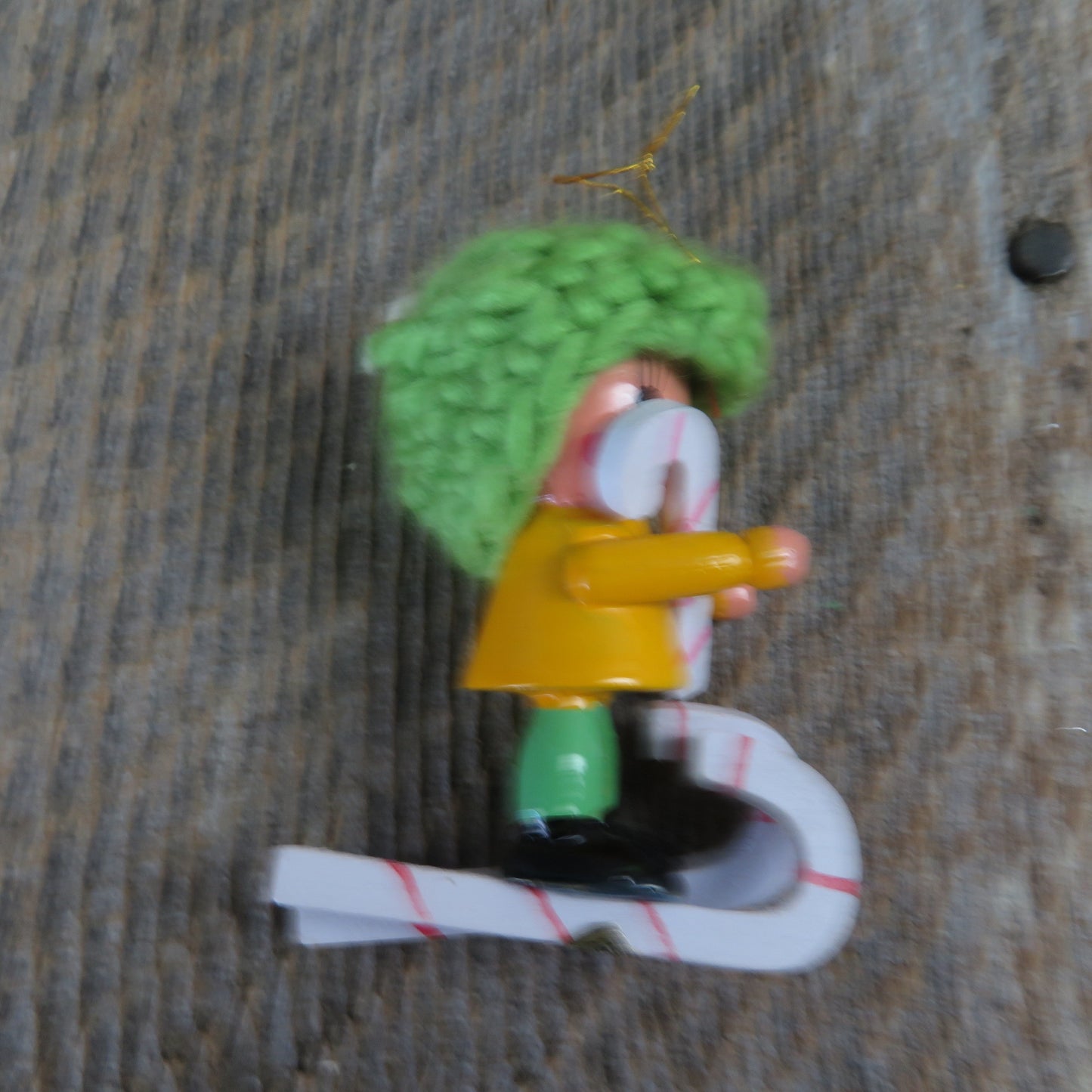 Vintage Girl Skiing with Candy Cane Ornament Green Knit Hat Yellow Shirt Candy Cane Skis