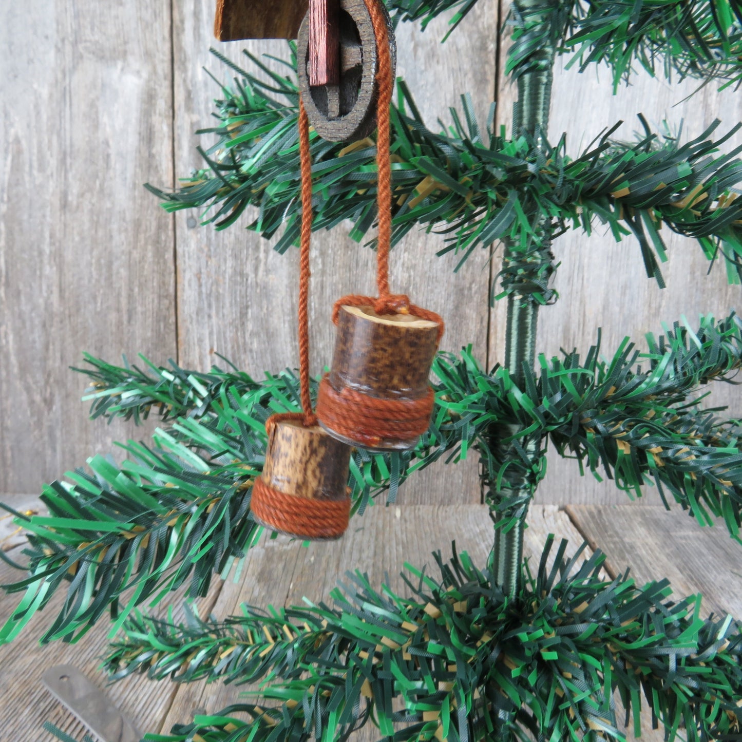 Vintage Wooden Well Water Bucket Pulley House Ornament Inarco Wood Christmas Wishing Rustic Primative