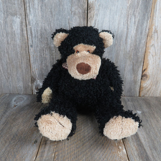 Black Curly Haired Teddy Bear Plush Brown Face Ears and Paws Checkered Bow CalPlush Stuffed Animal