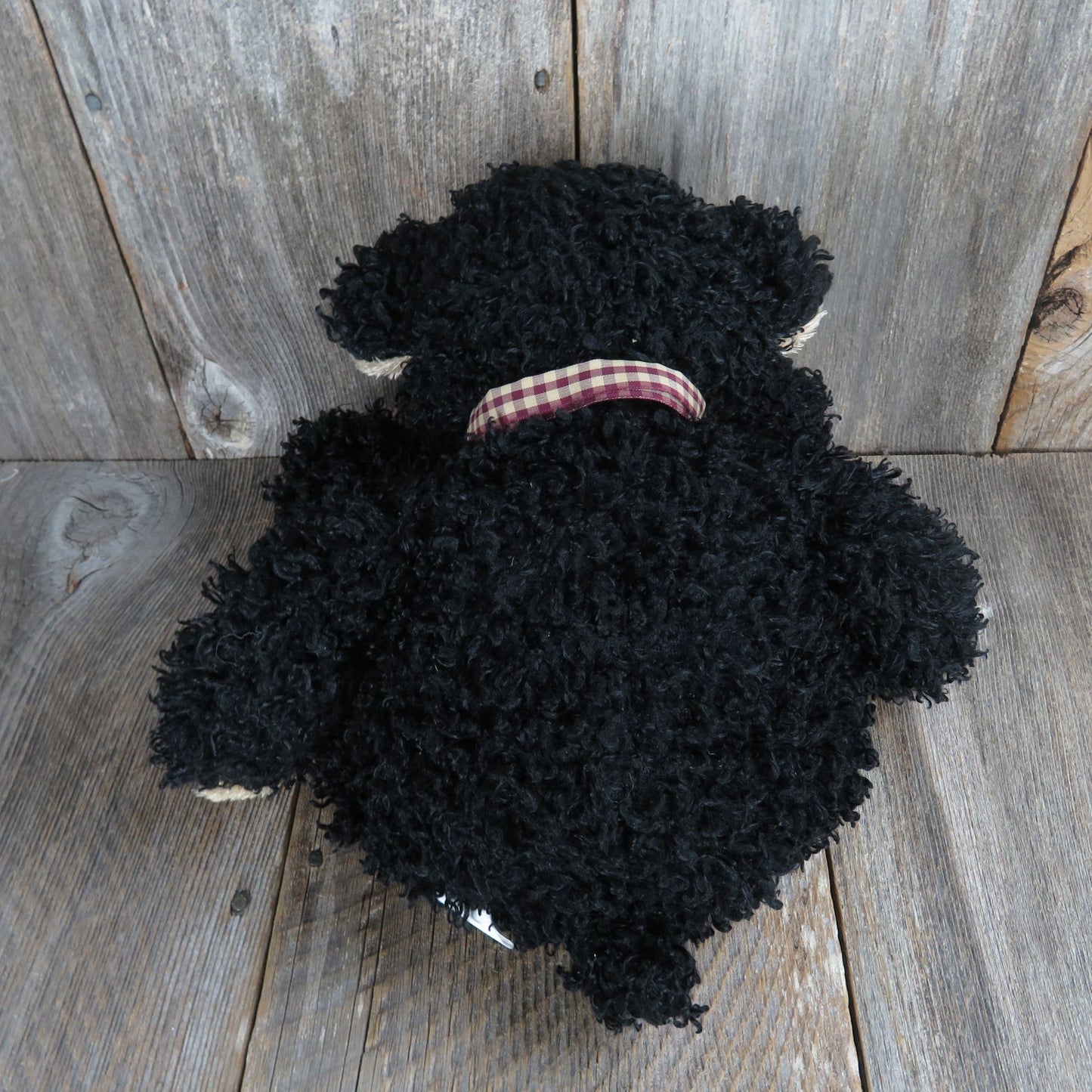 Black Curly Haired Teddy Bear Plush Brown Face Ears and Paws Checkered Bow CalPlush Stuffed Animal