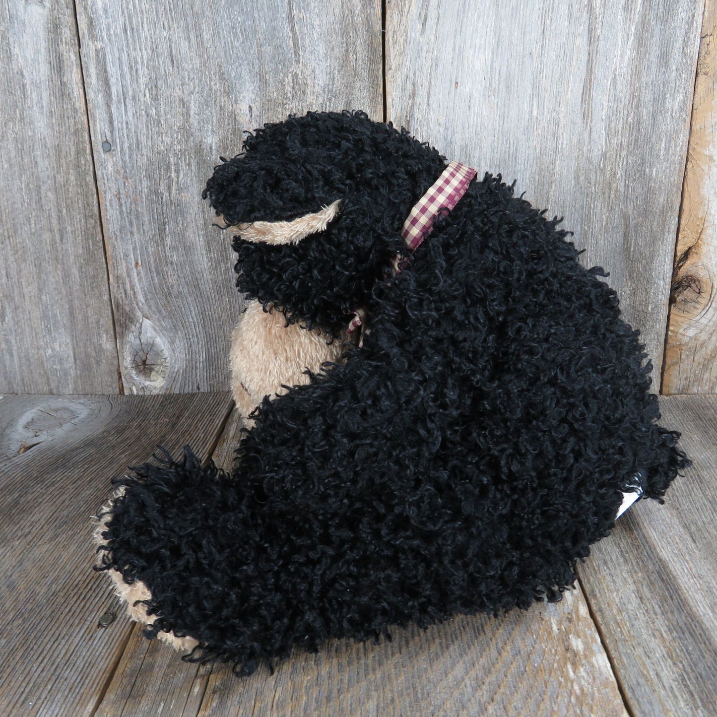 Black Curly Haired Teddy Bear Plush Brown Face Ears and Paws Checkered Bow CalPlush Stuffed Animal