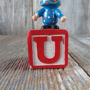 Vintage Clown Alphabet Block Wooden Ornament Blue Red Yellow Wood