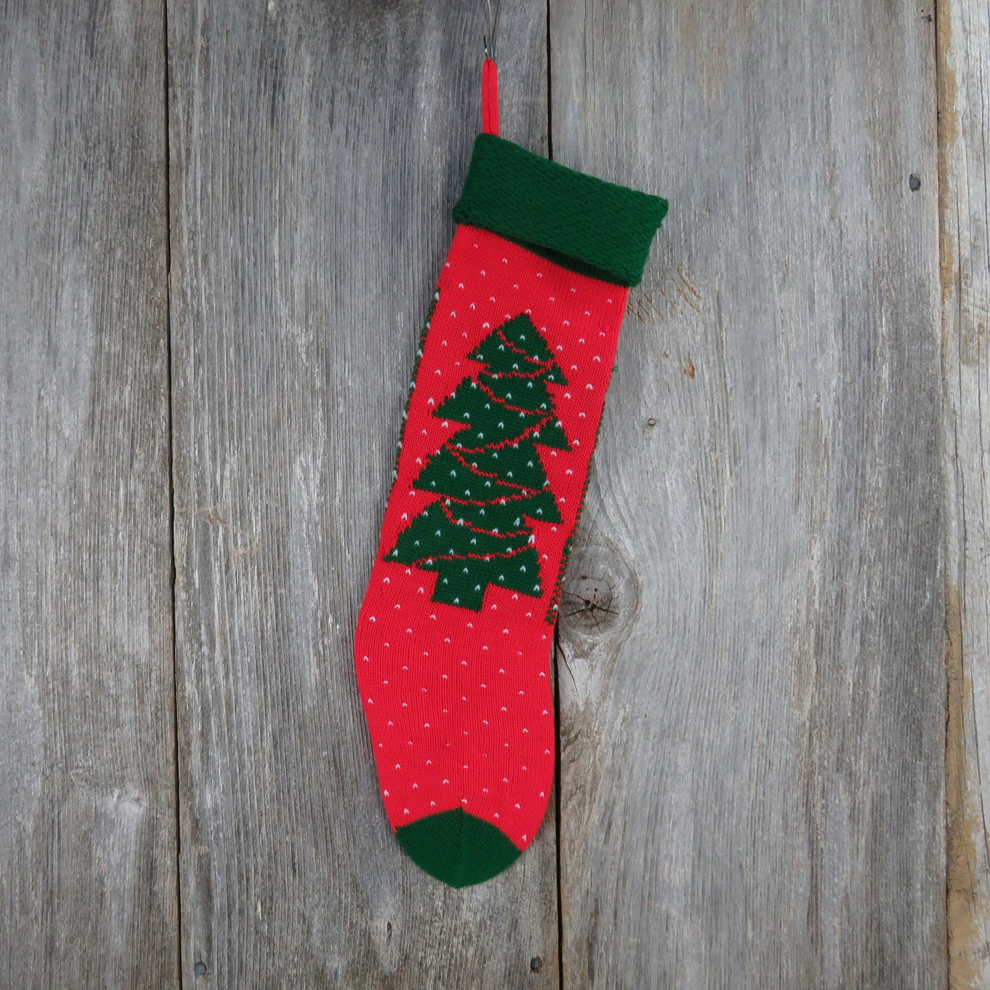 Vintage Christmas Tree Stocking Knitted Knit Green Red White 1980s