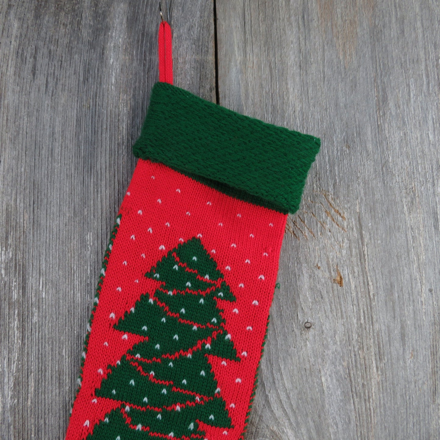 Vintage Christmas Tree Stocking Knitted Knit Green Red White 1980s