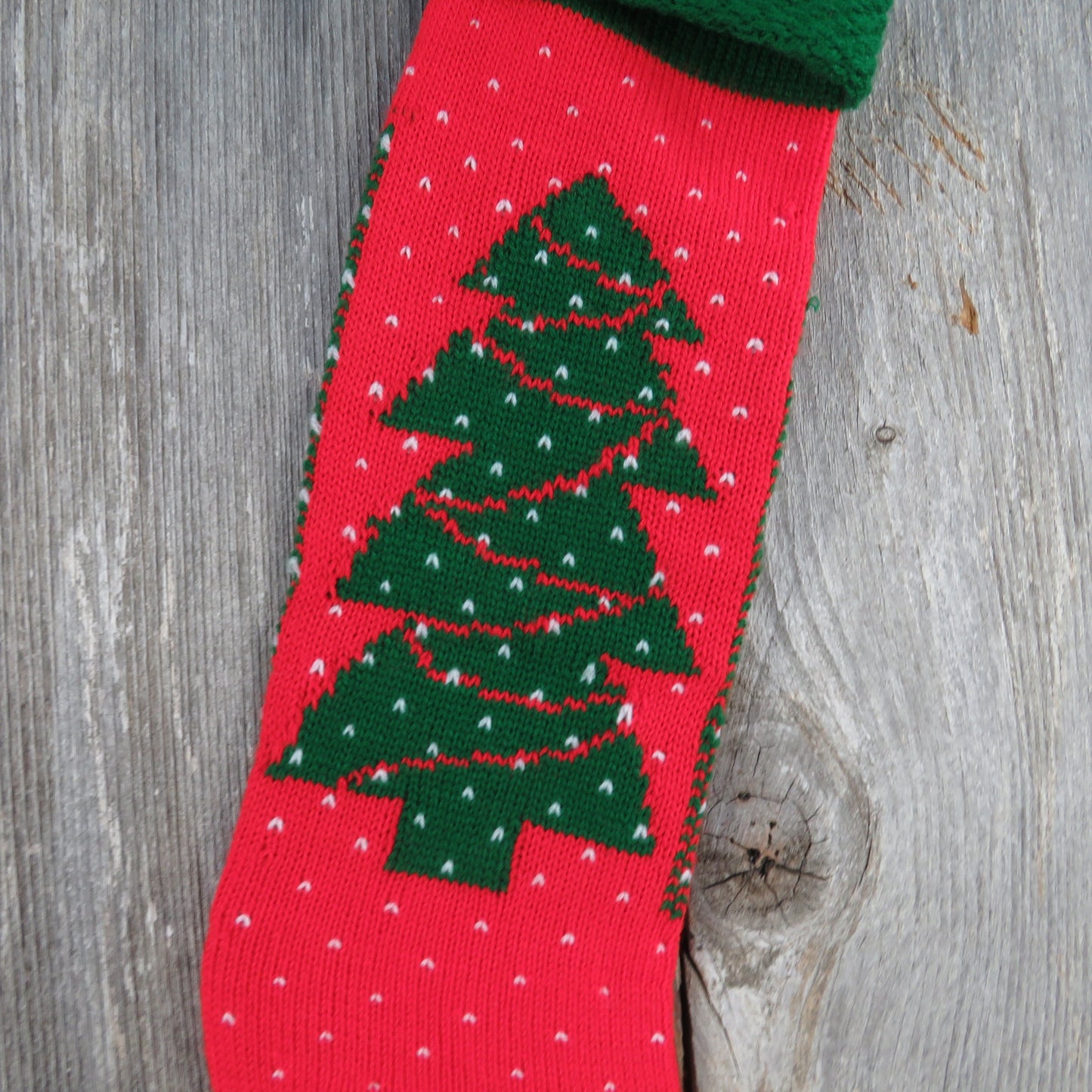 Vintage Christmas Tree Stocking Knitted Knit Green Red White 1980s