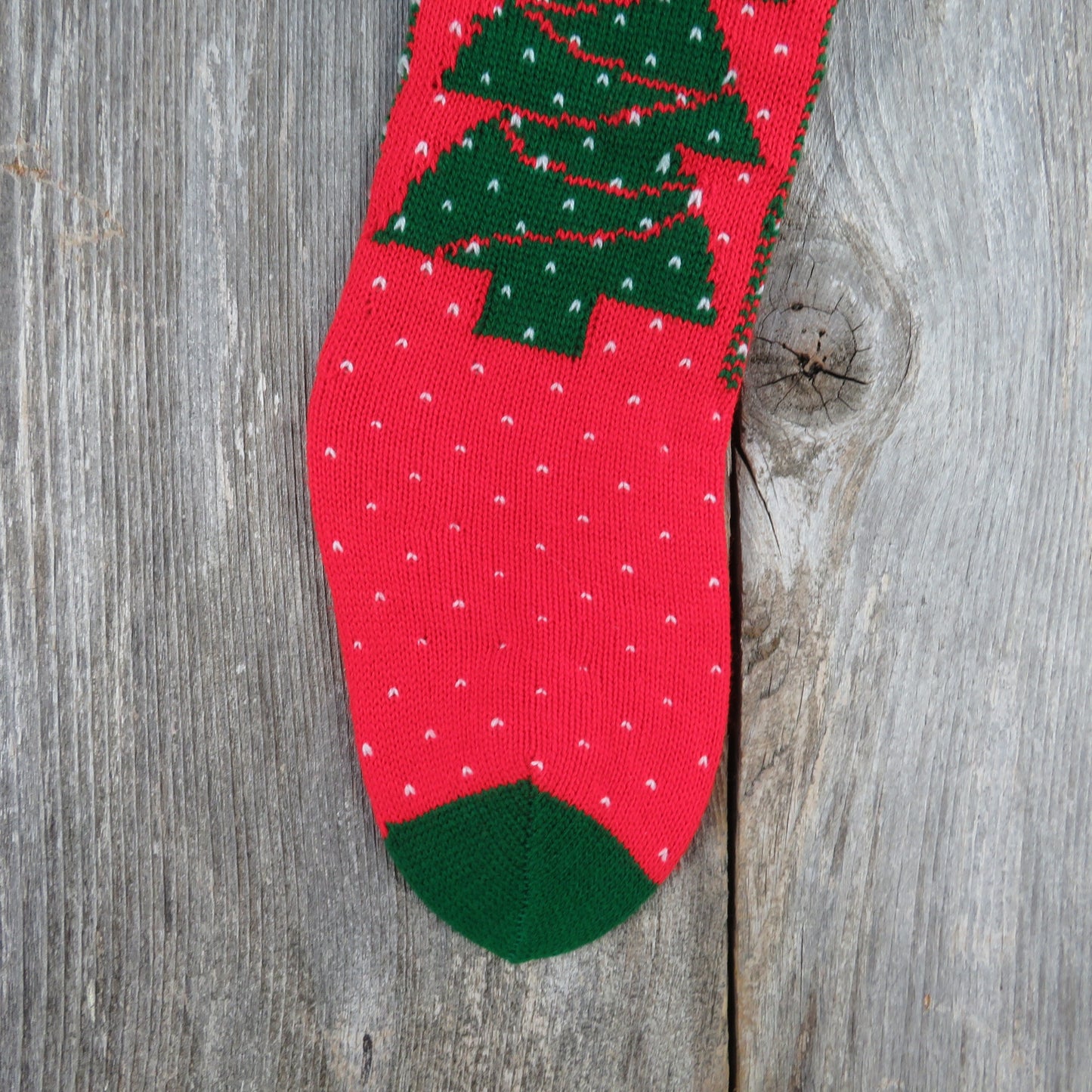 Vintage Christmas Tree Stocking Knitted Knit Green Red White 1980s