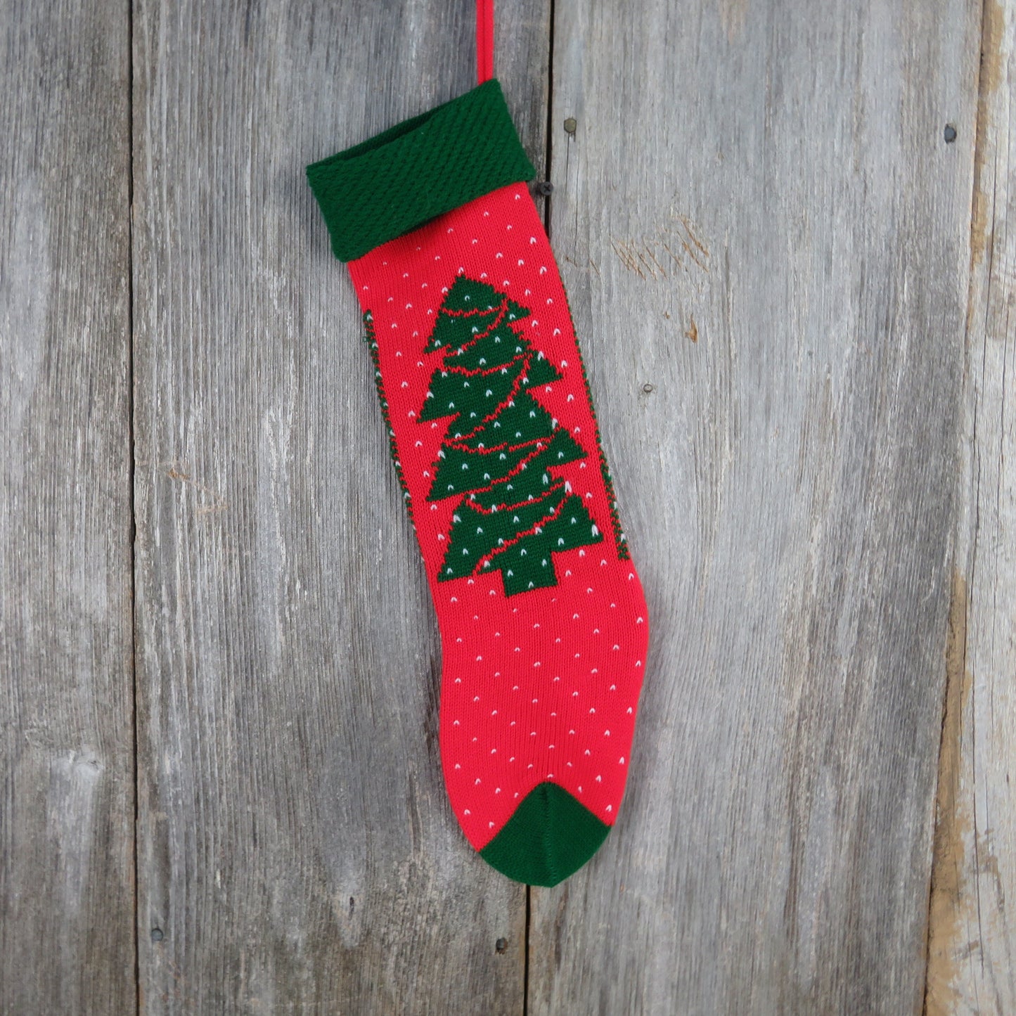 Vintage Christmas Tree Stocking Knitted Knit Green Red White 1980s