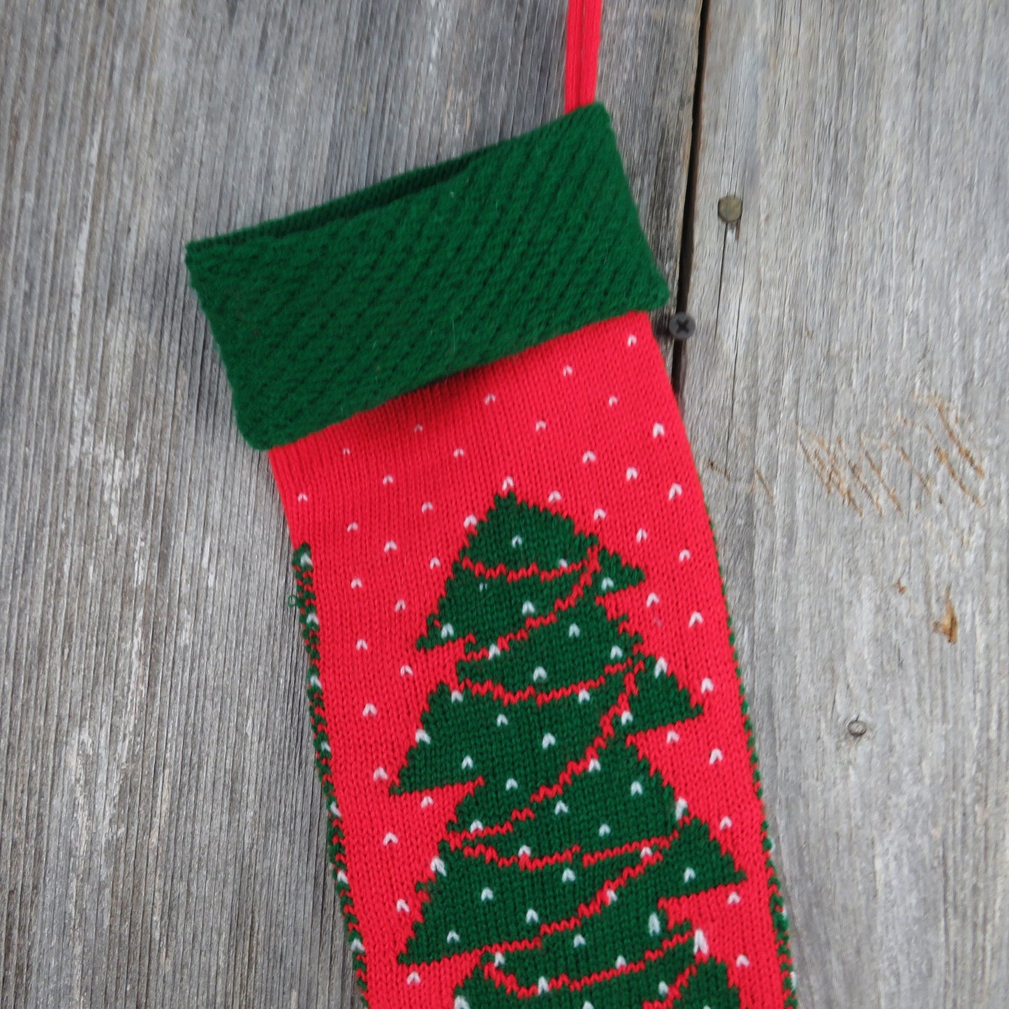 Vintage Christmas Tree Stocking Knitted Knit Green Red White 1980s