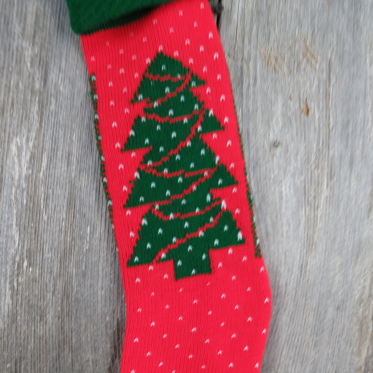 Vintage Christmas Tree Stocking Knitted Knit Green Red White 1980s