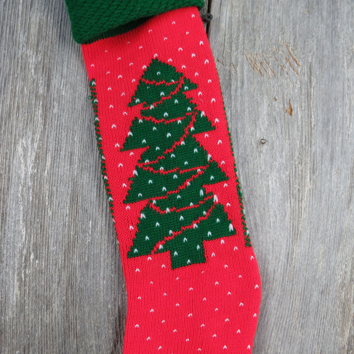 Vintage Christmas Tree Stocking Knitted Knit Green Red White 1980s