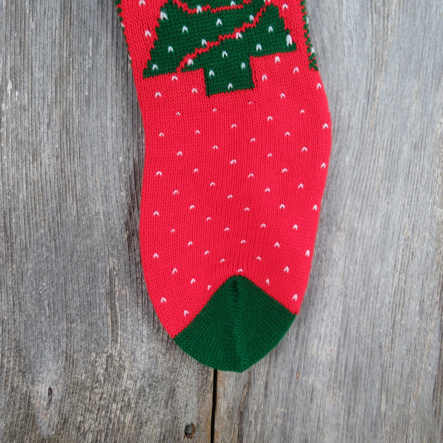 Vintage Christmas Tree Stocking Knitted Knit Green Red White 1980s