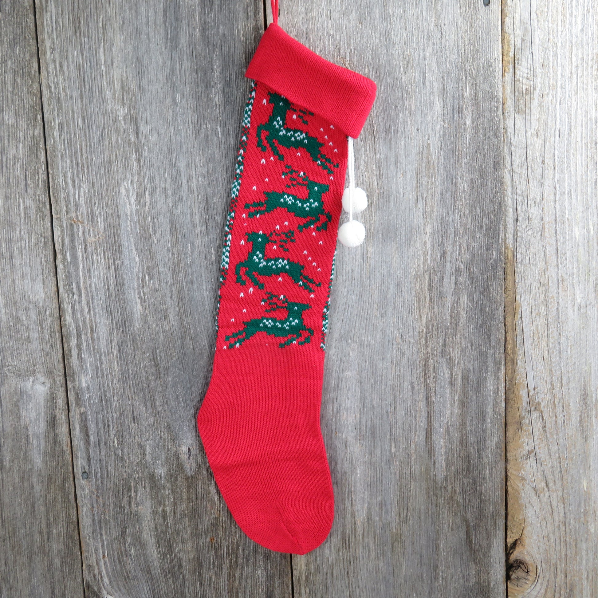 Vintage Reindeer Knit Christmas Stocking Deer Knitted  Red Green White - At Grandma's Table