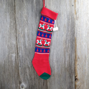 Vintage Rocking Horse Knit Stocking Christmas Knitted Red Blue White Holiday Home Decor - At Grandma's Table