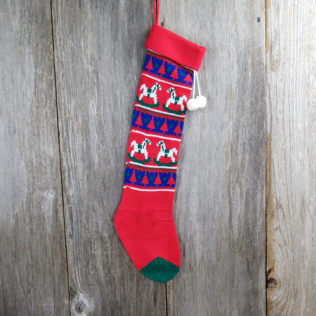 Vintage Rocking Horse Knit Stocking Christmas Knitted Red Blue White Holiday Home Decor - At Grandma's Table