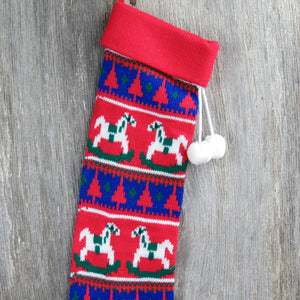 Vintage Rocking Horse Knit Stocking Christmas Knitted Red Blue White Holiday Home Decor - At Grandma's Table