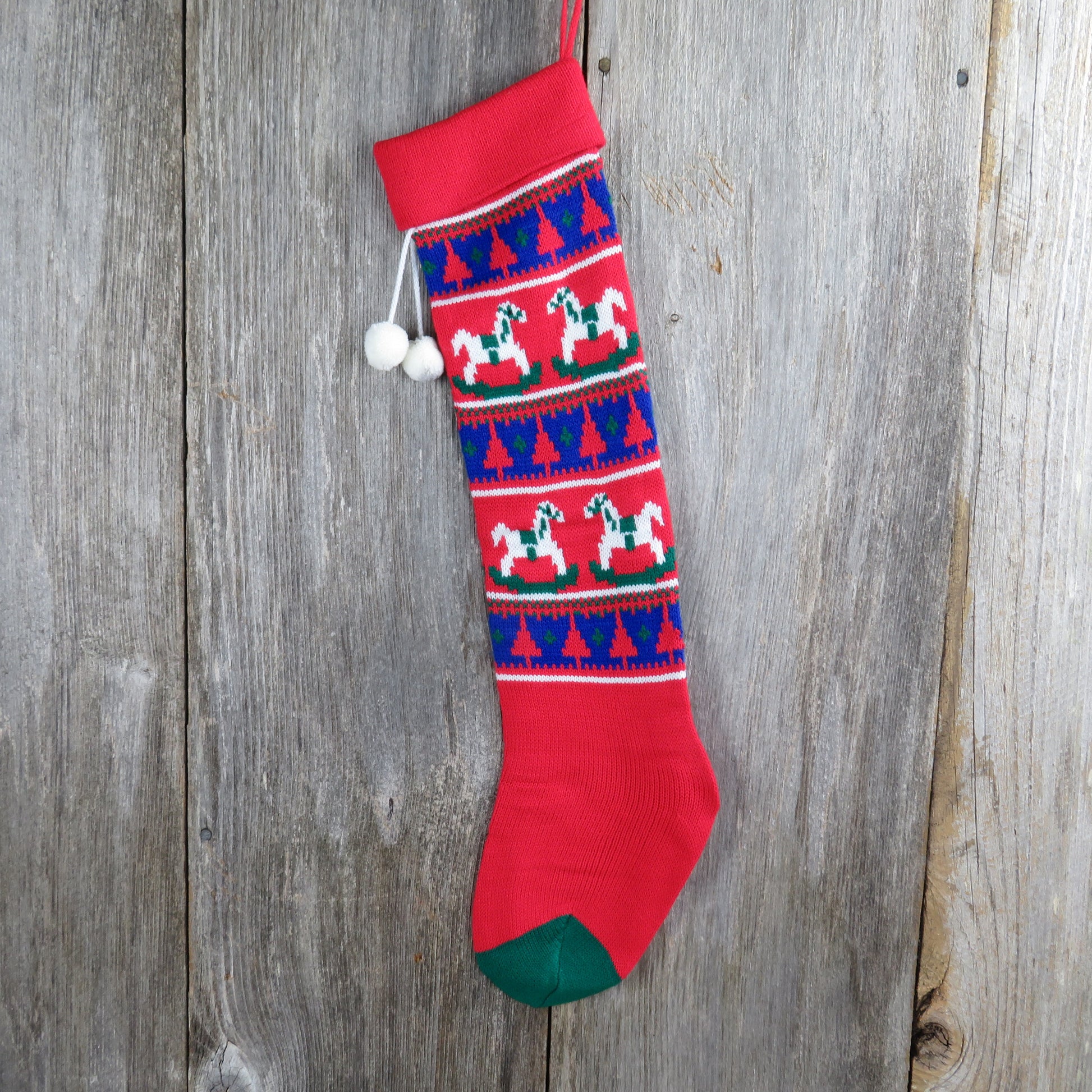 Vintage Rocking Horse Knit Stocking Christmas Knitted Red Blue White Holiday Home Decor - At Grandma's Table