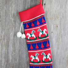 Load image into Gallery viewer, Vintage Rocking Horse Knit Stocking Christmas Knitted Red Blue White Holiday Home Decor - At Grandma&#39;s Table