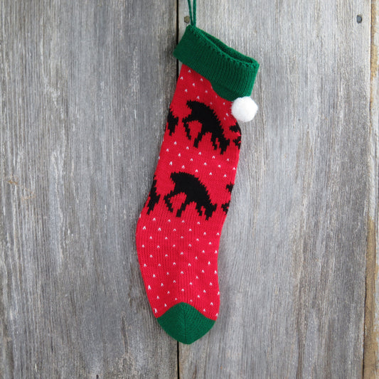 Vintage Reindeer Knit Christmas Stocking Deer Knitted Black  Red Green White - At Grandma's Table