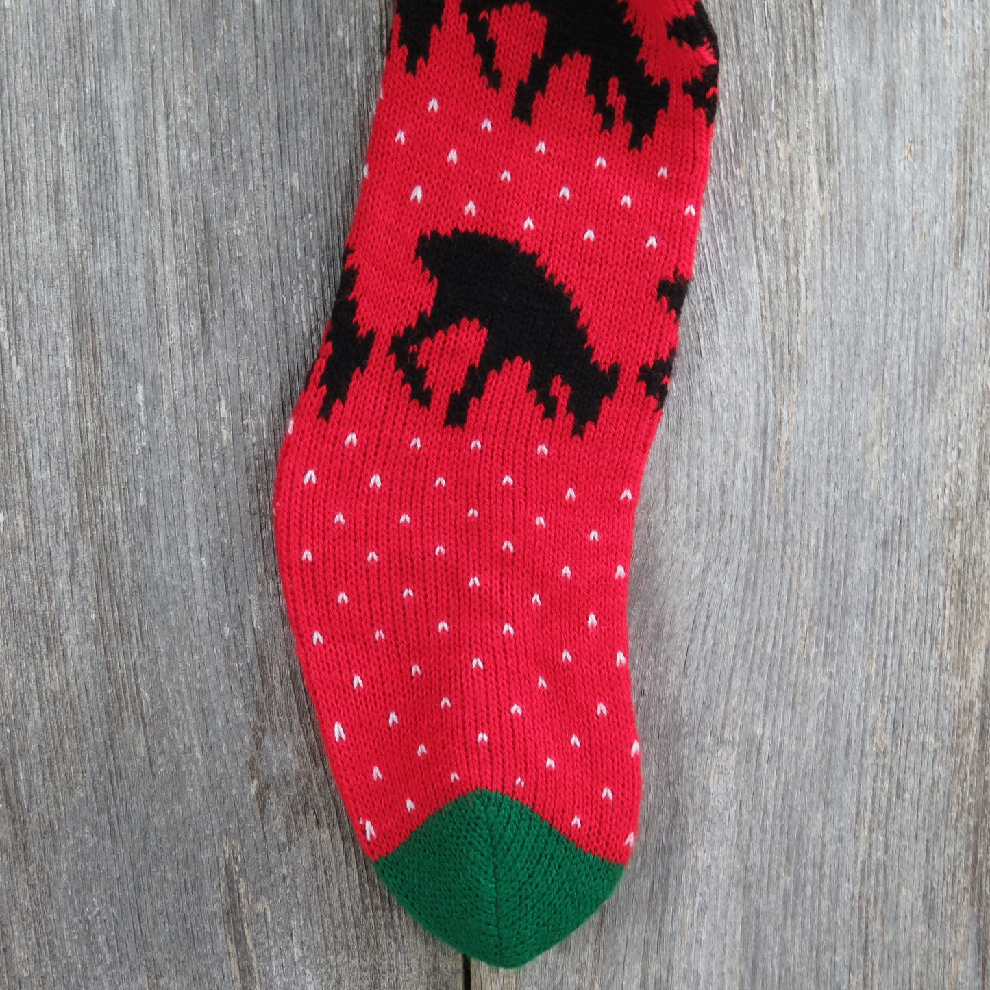 Vintage Reindeer Knit Christmas Stocking Deer Knitted Black  Red Green White - At Grandma's Table