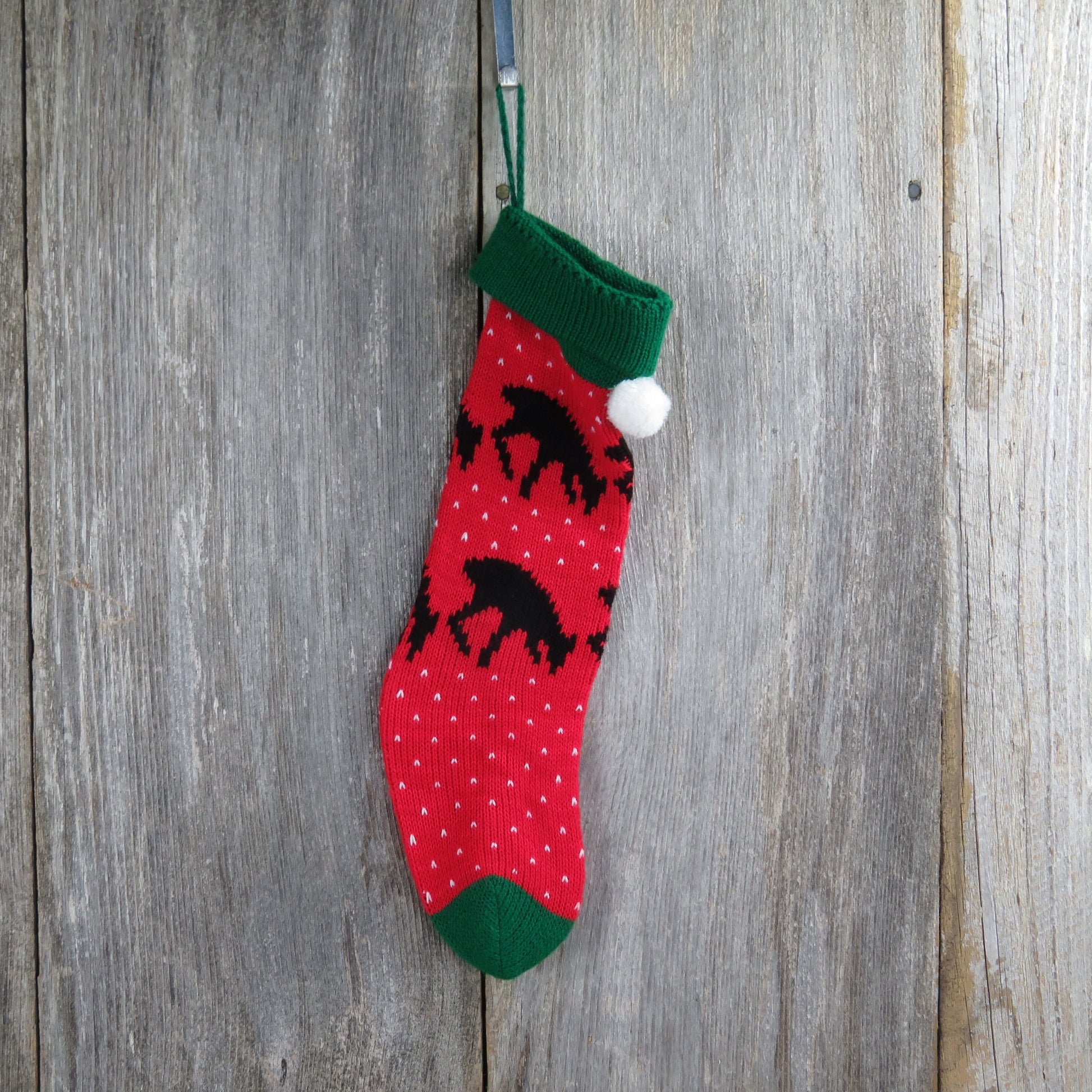Vintage Reindeer Knit Christmas Stocking Deer Knitted Black  Red Green White - At Grandma's Table