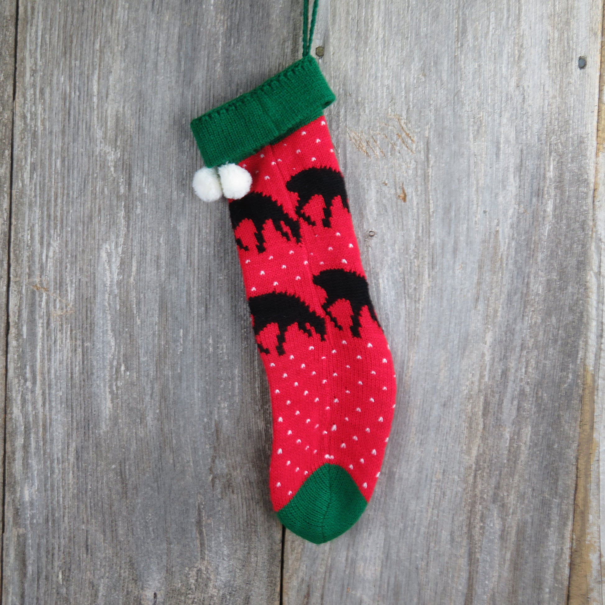 Vintage Reindeer Knit Christmas Stocking Deer Knitted Black  Red Green White - At Grandma's Table