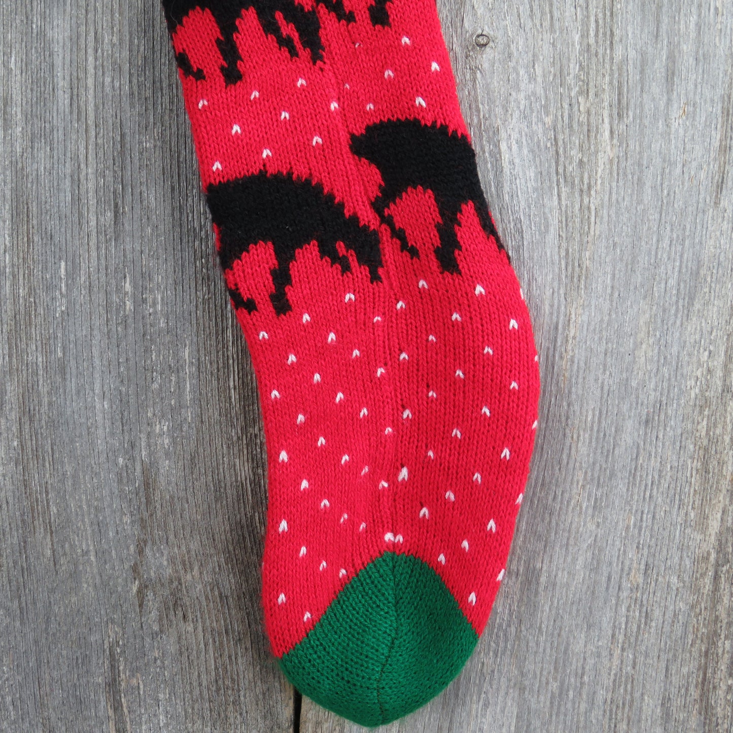 Vintage Reindeer Knit Christmas Stocking Deer Knitted Black  Red Green White - At Grandma's Table