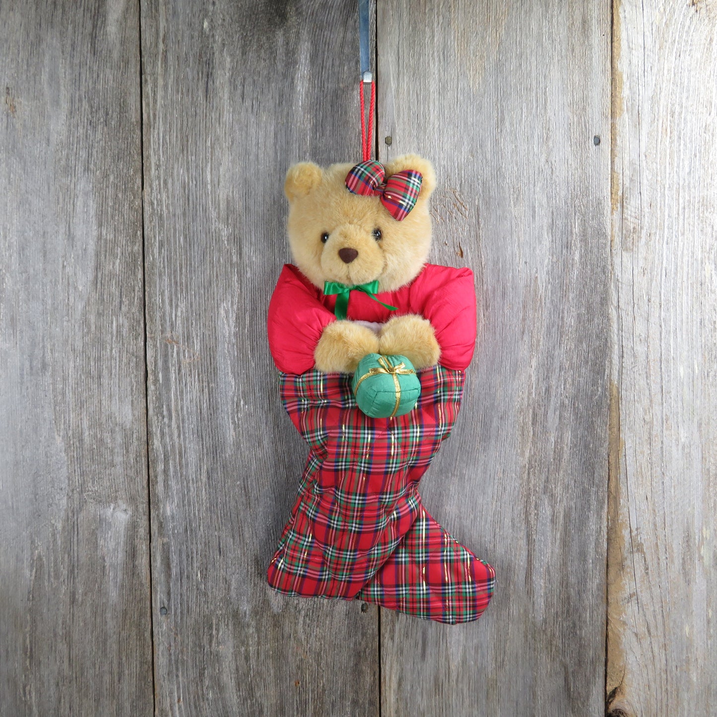 Vintage Teddy Bear Plush Christmas Stocking Plaid Gift Bow Red Green Gold - At Grandma's Table