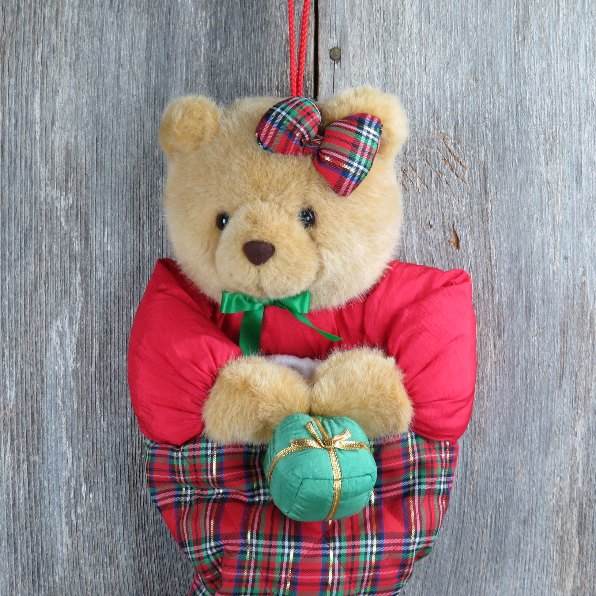 Vintage Teddy Bear Plush Christmas Stocking Plaid Gift Bow Red Green Gold - At Grandma's Table