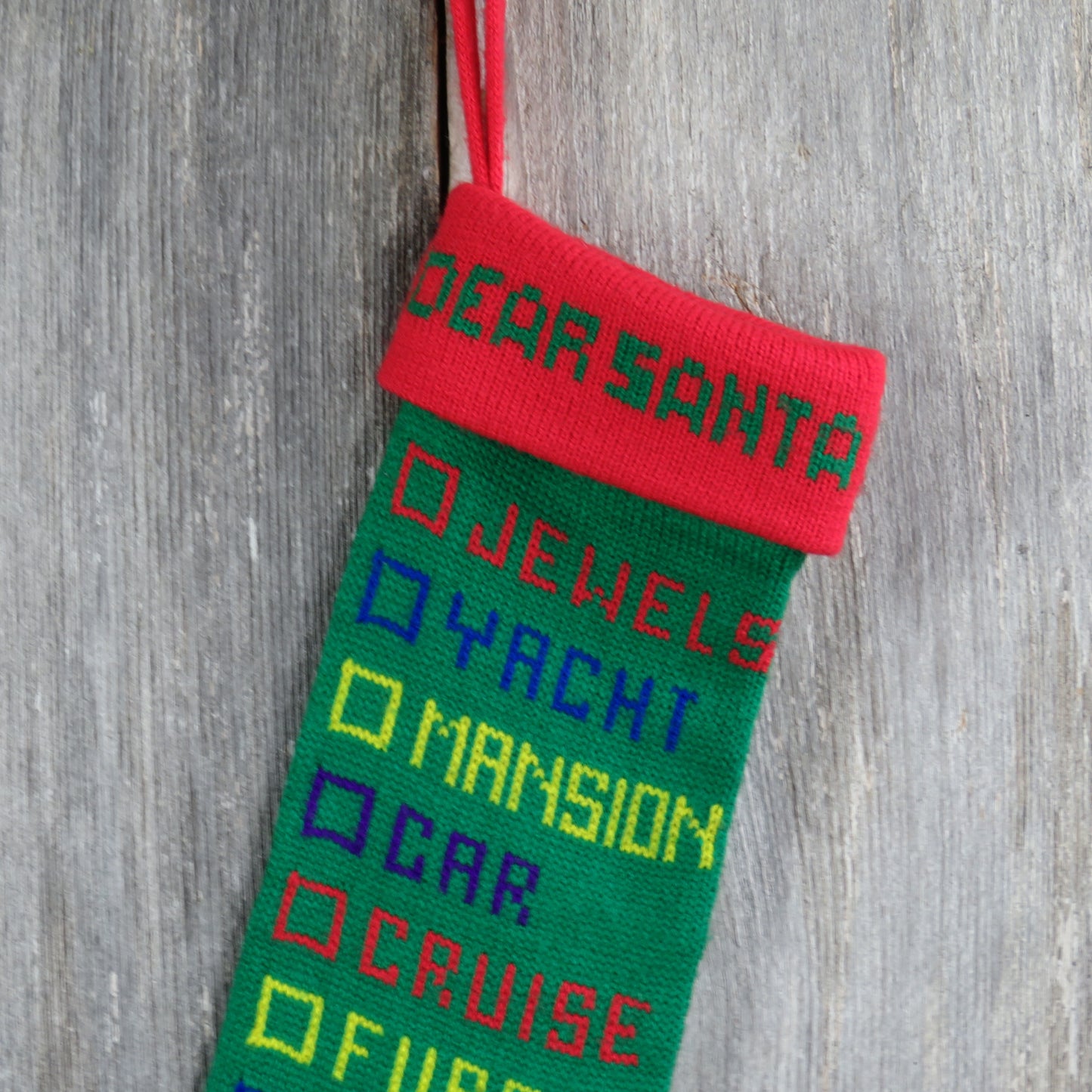 Vintage Knit Stocking Dear Santa Christmas List Knitted Adult  Red Green Yellow - At Grandma's Table