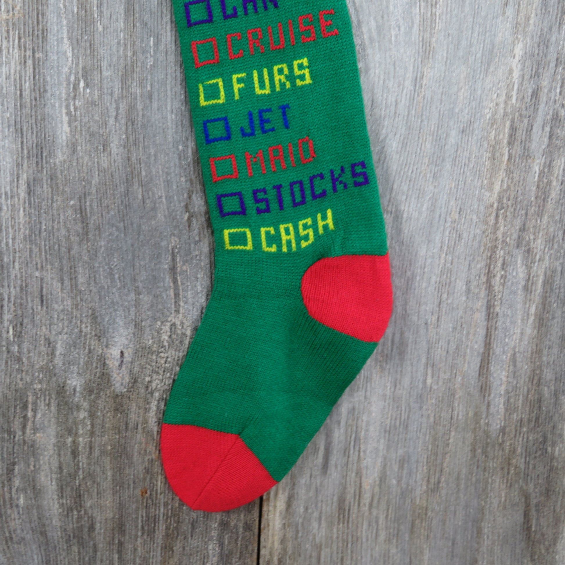 Vintage Knit Stocking Dear Santa Christmas List Knitted Adult  Red Green Yellow - At Grandma's Table