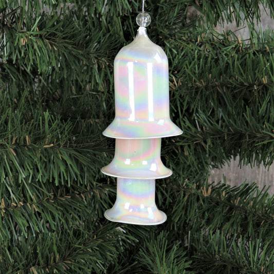 Vintage Tiered Glass Bell Ornament White Iridescent Painted Graduated 3 Tier Bell Silver Cord Christmas Ornament