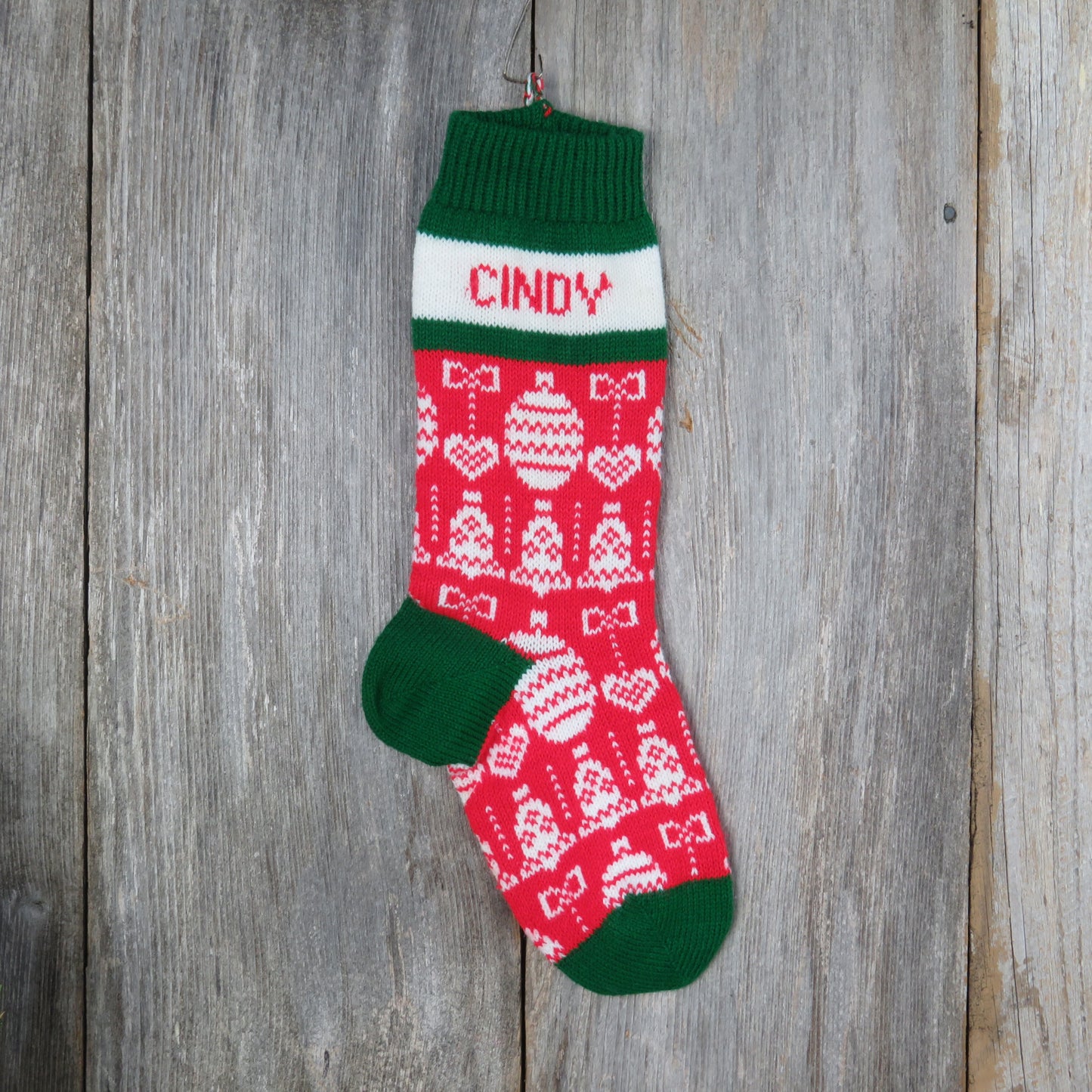 Vintage Knit Stocking Cindy Name Red White Green Knitted Christmas Ornament Pattern Sock