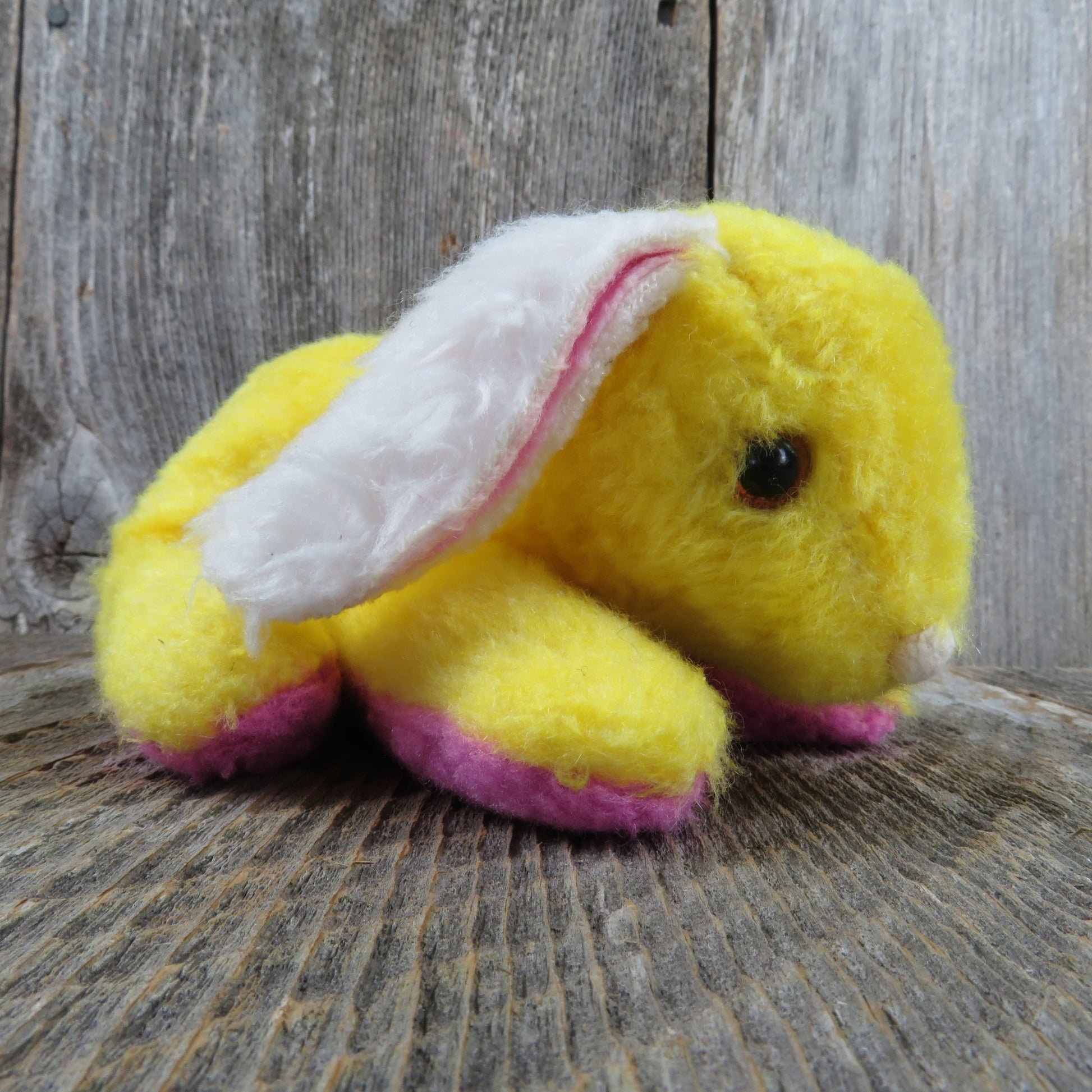 Vintage Bunny Plush Yellow Stuffed Animal Rabbit 1976 Russ Fuzzy Wuzzy Easter Pink Gravel Filled - At Grandma's Table