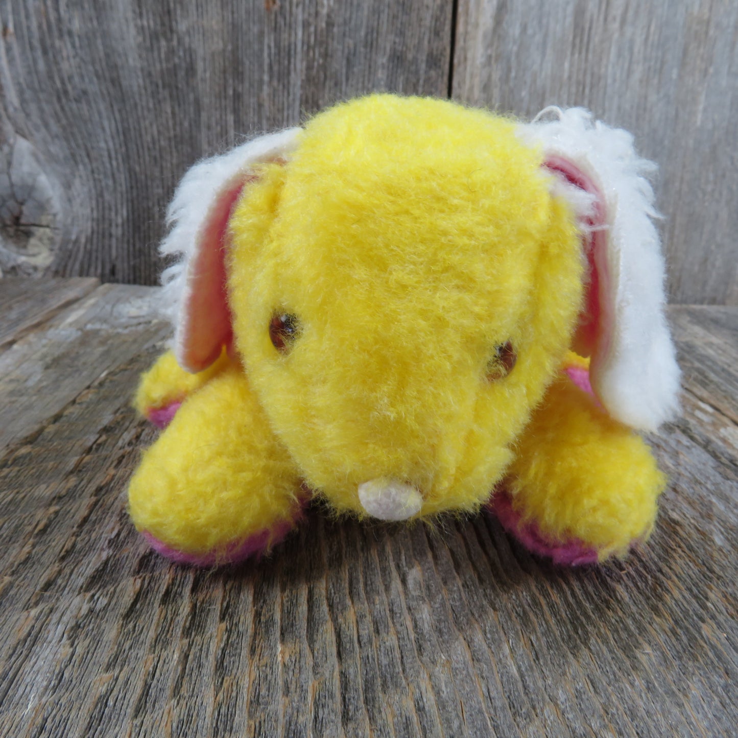 Vintage Bunny Plush Yellow Stuffed Animal Rabbit 1976 Russ Fuzzy Wuzzy Easter Pink Gravel Filled - At Grandma's Table