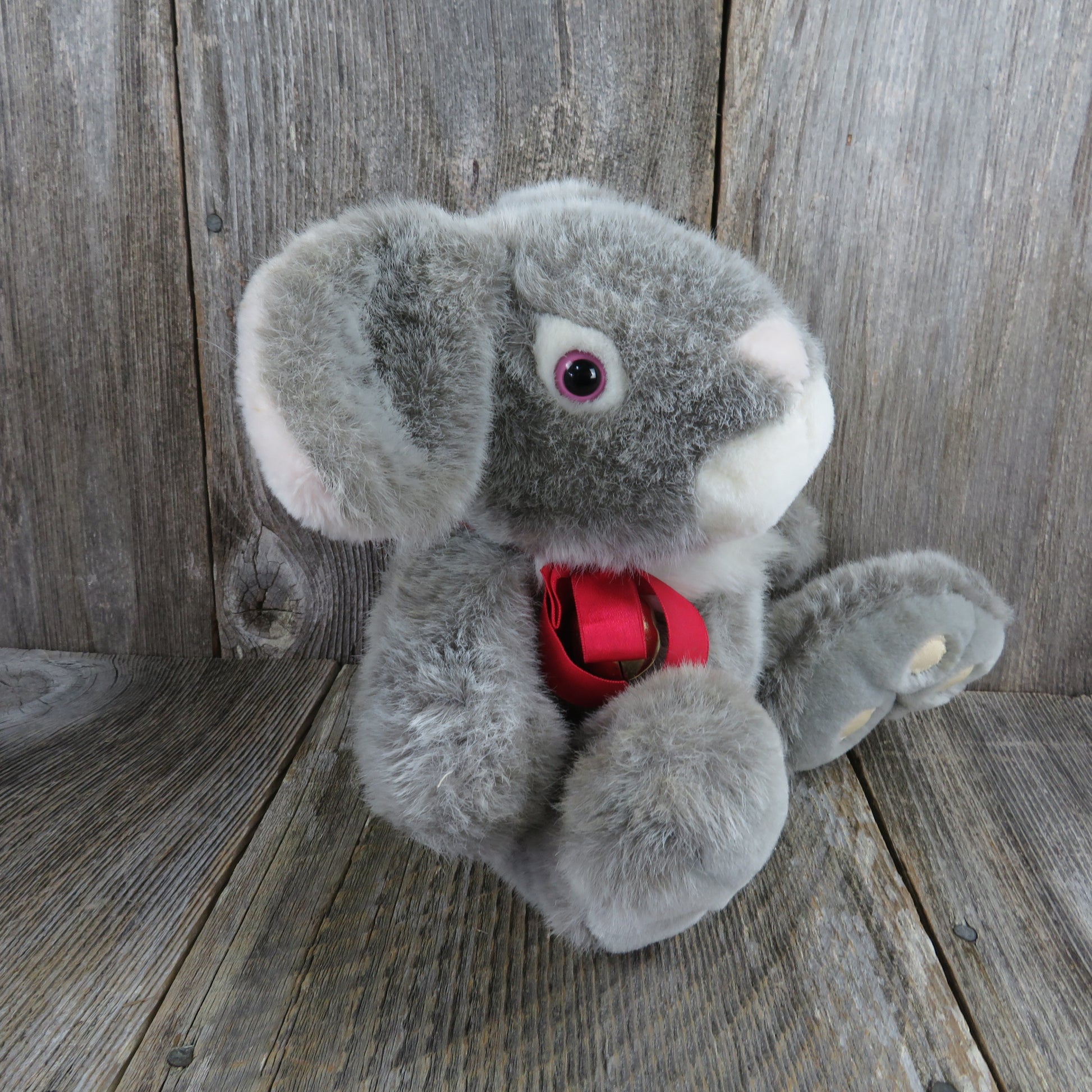 Vintage Bunny Rabbit Plush Grey Gray Mervyns Easter Hare Stuffed Animal Red Bow Christmas Jingle Bell Korea - At Grandma's Table