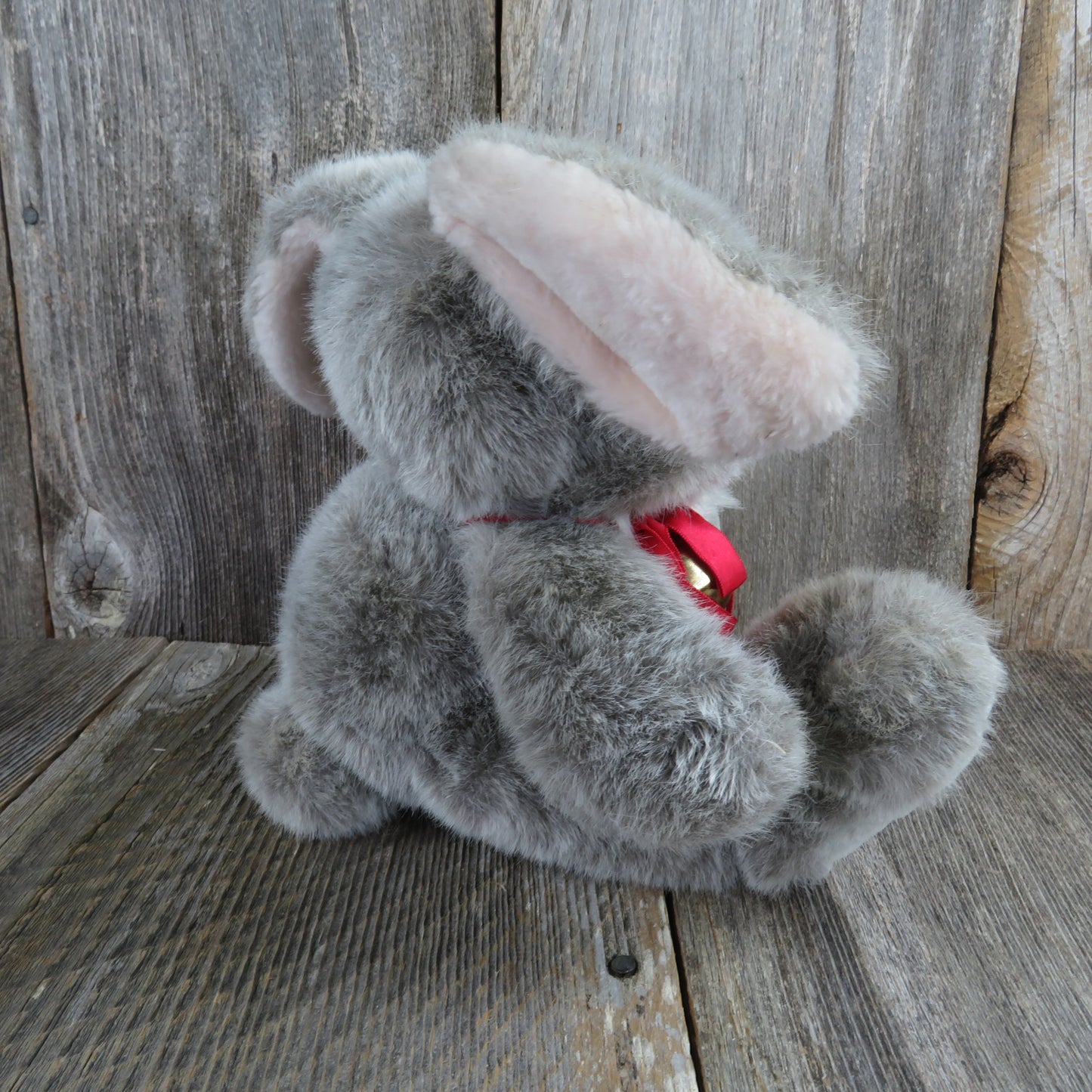 Vintage Bunny Rabbit Plush Grey Gray Mervyns Easter Hare Stuffed Animal Red Bow Christmas Jingle Bell Korea - At Grandma's Table