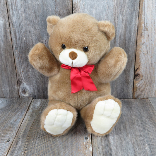Vintage Teddy Bear with Red Bow Dakin Gingerbear Ginger Brown Tan Large Fabric Nose - At Grandma's Table