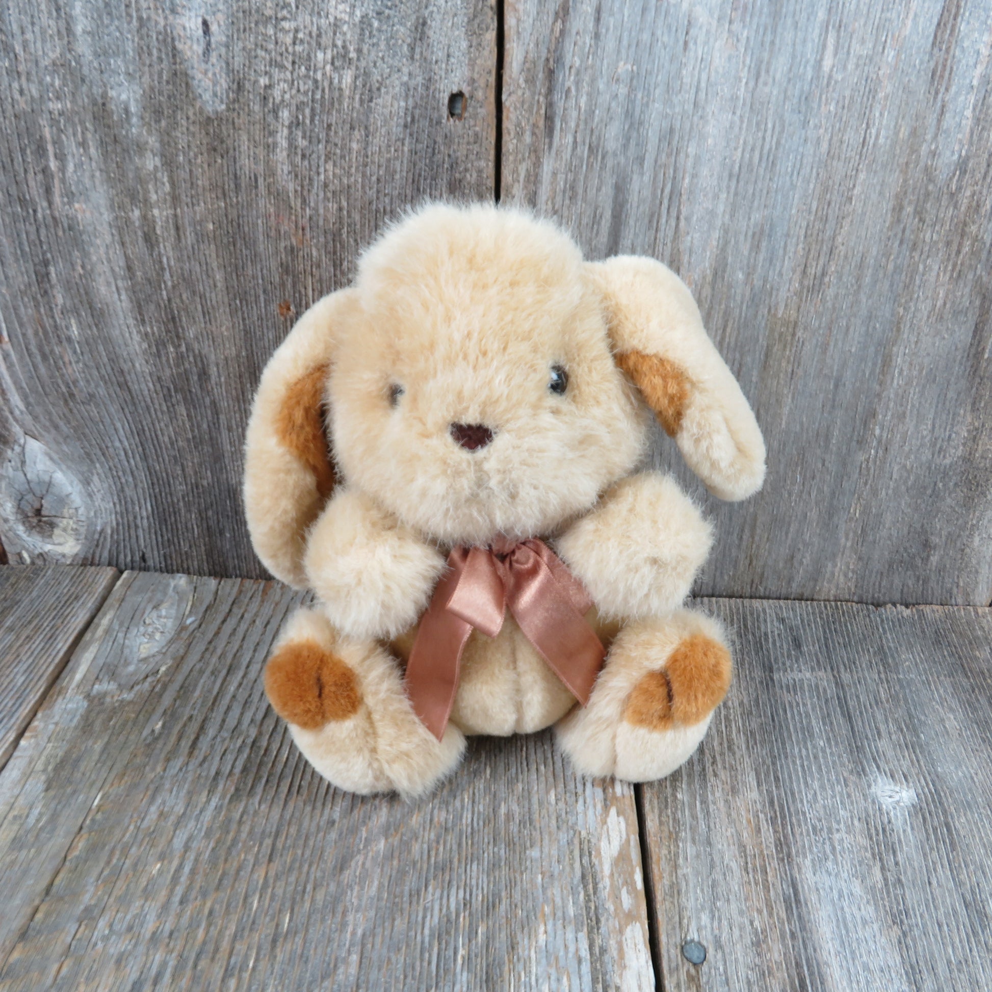 Vintage Bunny Rabbit Plush with Bow Stuffed Animal Tan Brown Easter - At Grandma's Table