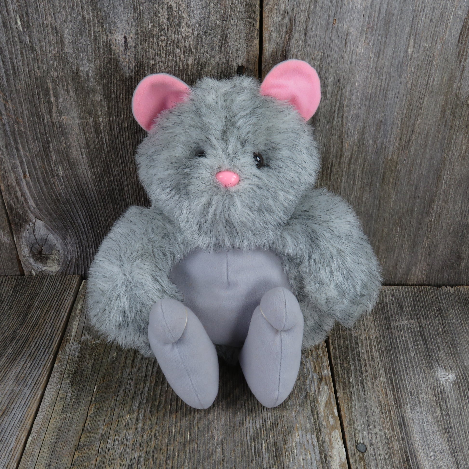 Vintage Mouse Plush Hallmark Cards Stuffed Animal Grey Cat Pink Ears Opossum 1986 Korea - At Grandma's Table